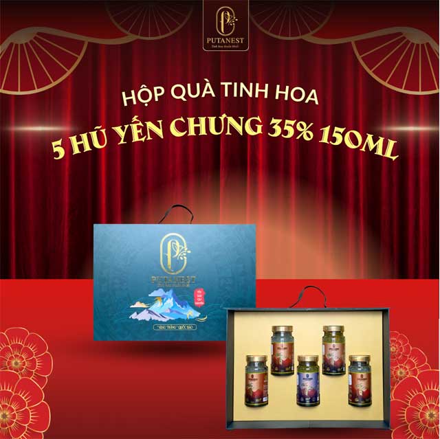 Hộp quà Tinh Hoa 5 hũ Yến Chưng Đông Trùng Hạ Thảo 35% 150ml